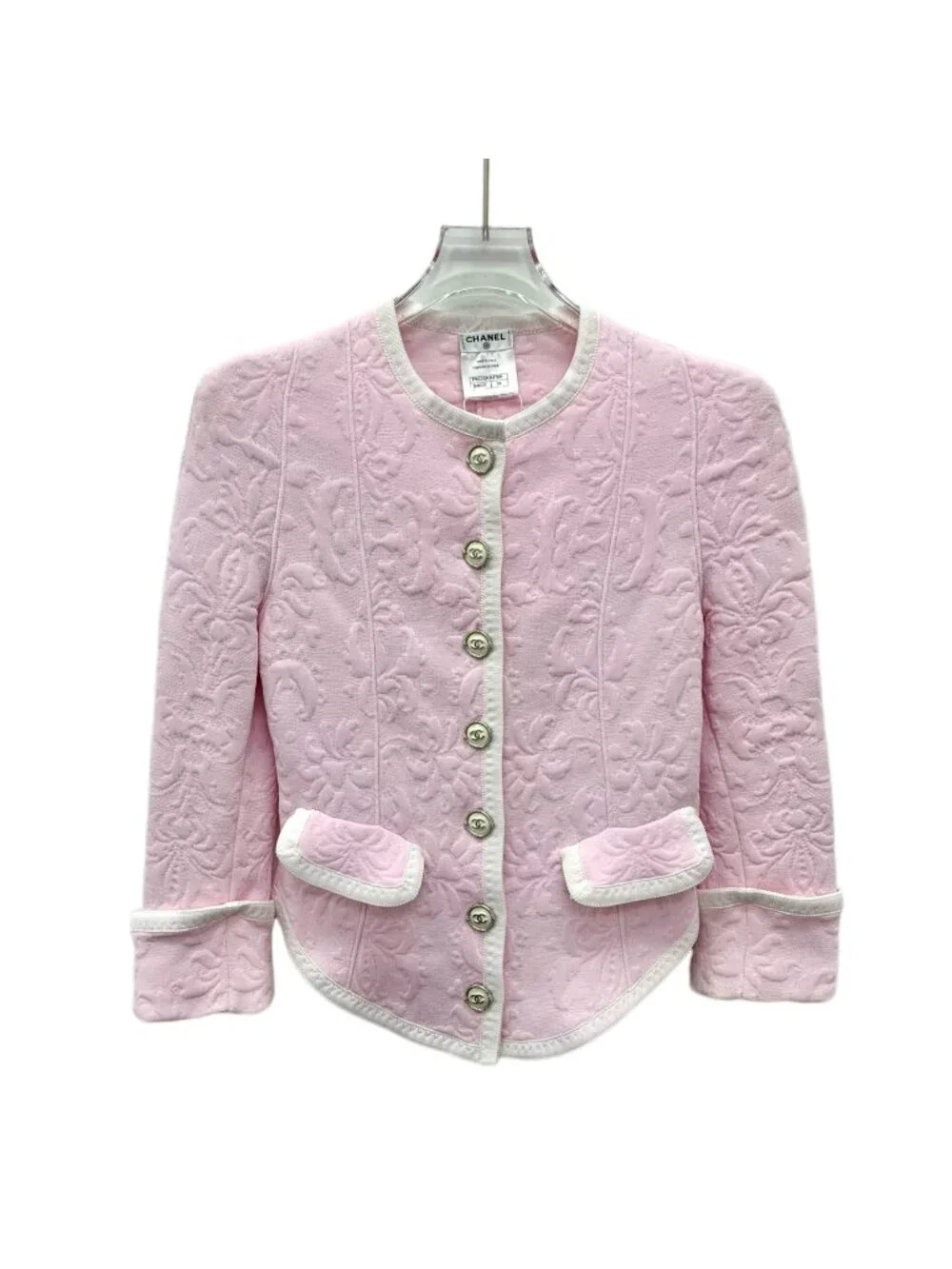 Chanel Pink Floral Embossed Crew Neck Jacket